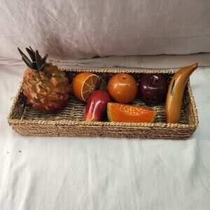 Vintage Assorted wooden fruits with a basket banana pineapple and more W